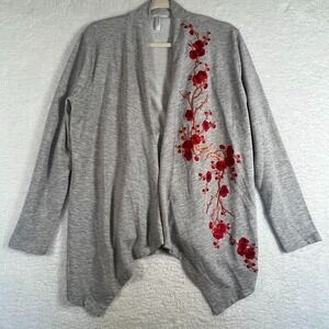 Embroidered Floral Cardigan Womens Small Gray Open Front Lightweight